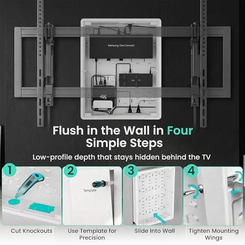 ynVISION.DESIGN 17" Recessed in-Wall Media Box for Clean TV Install | Flush to Wall, vented cover, adjustable device shelf, cable straps, knock-out, fits Apple TV, Roku, Fire TV, Samsung Connect