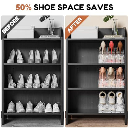 Shoe Stacker, Shoe Slot Organizer for Closet, Shoe Storage Rack | 12 Pack, Clear, 50% Space Saver, 3 Adjustable Height, Tool-Free Assembly, 30% Thicker, Superior Load Bearing
