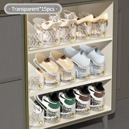 Shoe Slots Organizer, 15 Pack - Adjustable Shoe Stacker for Closet Storage, Clear Double Layer Space Saver, Durable and Stackable Shoe Holder for Sneakers Heels and Flat