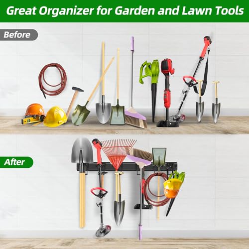 PIYILO 48 in Garage Tool Organizer Wall Mount, Adjustable Tool Storage Rack | Heavy-duty 360 LBS, Double-Layer Hooks, Wear & Tear Resistant, Soft Anti-Scratch Hook Sleeves, For Yard Tools, Shovels, Shed