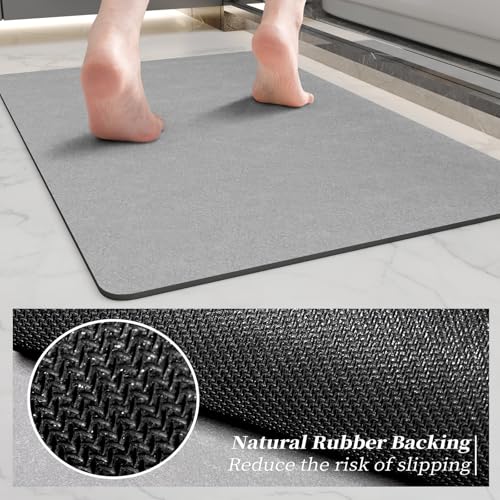 Long Bath Rugs 47x17-Diatomaceous Earth Stone Bath Mats for Bathroom,Grey | Quick Dry Absorbing Diatomite Bathroom Rugs Rubber Non Slip Thin Bathroom Mat Fit Under Door, Bath Mats for Bathroom Floors
