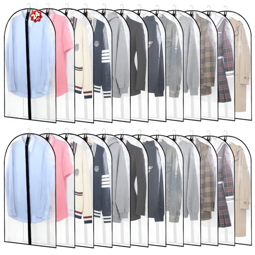 24 Pack Garment Bags for Hanging Clothes, 40" Clear PEVA Garment Bags with Zipper, Dustproof Clothes Covers for Suits, Shirts, Jackets and Dresses, Reusable Hanging Garment Bags for Closet Storage