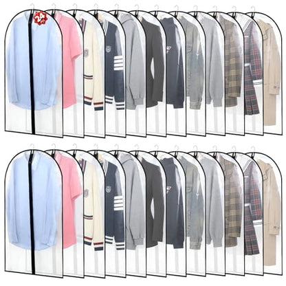 24 Pack Garment Bags for Hanging Clothes, 40" Clear PEVA Garment Bags with Zipper, Dustproof Clothes Covers for Suits, Shirts, Jackets and Dresses, Reusable Hanging Garment Bags for Closet Storage