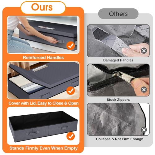 StoreHappily Under Bed Storage Containers with Lids, 2 Pack Foldable Grey | Storage organizer, Stackable Clothes Storage Bags, For Blankets Pillows Clothing, Clear Window, 3-Sided Handles, Label Slot