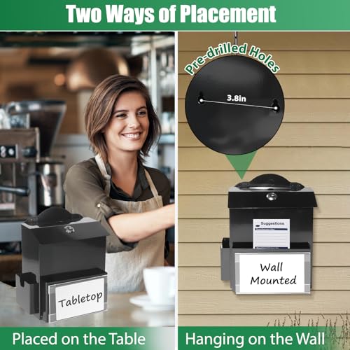 Metal Suggestion Box with Slot, Lockable Donation Box with Keys & 50 Cards | Wall/Tabletop Mounted Black Ballot Boxes, Magnetic Acrylic Sign Holder, 2 Storage Compartments, for Office School Church Shop