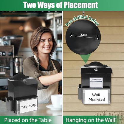 Metal Suggestion Box with Slot, Lockable Donation Box with Keys & 50 Cards | Wall/Tabletop Mounted Black Ballot Boxes, Magnetic Acrylic Sign Holder, 2 Storage Compartments, for Office School Church Shop