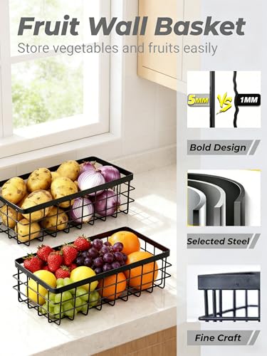 2 Pack Black Adhesive Metal Wire Wall Storage Baskets for Kitchen Bathroom | Drill-free metal baskets fit kitchen, cabinet, shower; usable as spice rack, shower caddy & cabinet storage organizer