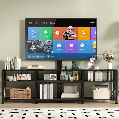 VECELO 63" TV Stand with Mount and Power Outlets, Entertainment Center Console with Open Storage Shelves, Height Adjustable up to 75”, Wooden Table and Metal Frame for Living Room, Matte Black