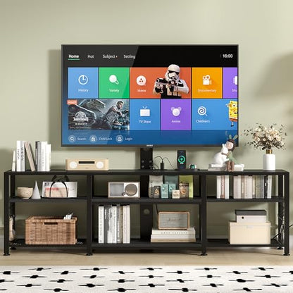 VECELO 63" TV Stand with Mount and Power Outlets, Entertainment Center Console with Open Storage Shelves, Height Adjustable up to 75”, Wooden Table and Metal Frame for Living Room, Matte Black