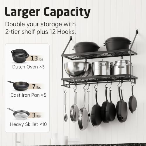 KES 30-Inch Kitchen Pot Rack - Mounted Hanging Rack for Kitchen Storage and Organization - Matte Black 2-Tier Wall Shelf with Guard Rail for Pots and Pans Organizer with 12 Hooks - KUR215S75B-BK