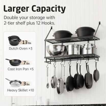 KES 30-Inch Kitchen Pot Rack - Mounted Hanging Rack for Kitchen Storage and Organization - Matte Black 2-Tier Wall Shelf with Guard Rail for Pots and Pans Organizer with 12 Hooks - KUR215S75B-BK