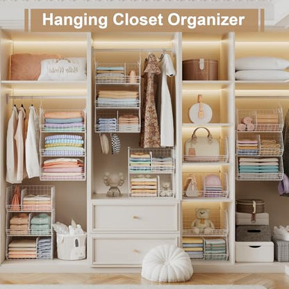 3 Tier Extra Large Closet Hanging Shelves with Divider, 16.5"L x 11.8"W x 33.6"H Closets Organizers and Storage with 5 S Hooks, Clothes Organizer for Sweaters Shoes Handbags Clutches Accessories-White