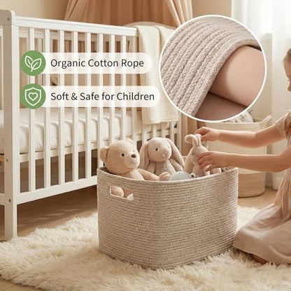 65L Large Woven Cotton Rope Blanket Basket, Oatmeal | Blanket Storage for Living Room or Bedroom Use, Freestanding with Reinforced Handles, Entire Basket is Machine Washable