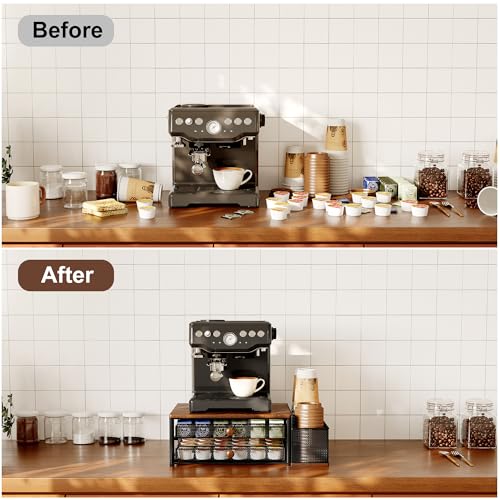 Coffee Bar Organizer, 60 Capacity K Cup Organizer for Countertop, 2 Tier Sliding Coffee Pod Storage Drawer with Disposable Cup & Lid Holder, Black