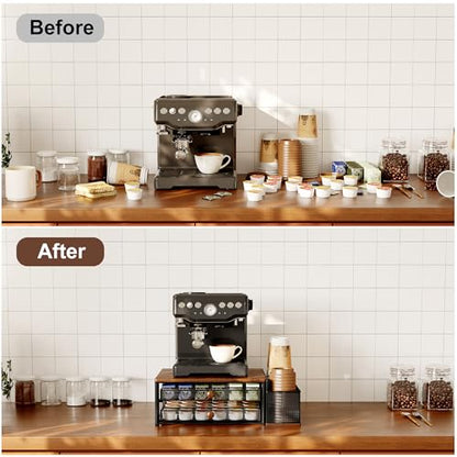 Coffee Bar Organizer, 60 Capacity K Cup Organizer for Countertop, 2 Tier Sliding Coffee Pod Storage Drawer with Disposable Cup & Lid Holder, Black