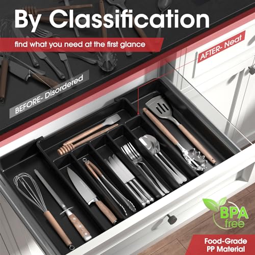 Aujen Silverware Drawer Organizer, Adjustable Utensil Cutlery Tray | Expandable Kitchen Organizer for Forks, Knives, Multipurpose Kitchen Storage , Apartment Essentials, Black, Large
