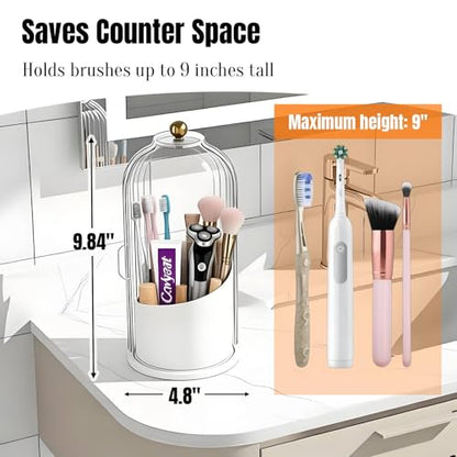 JEESA Dustproof Toothbrush Holder with Cover, Transparent/White | 360° Rotating, 180° Sliding Lid, 3 Slots, Toothbrush Organizer, for Bathroom Countertop
