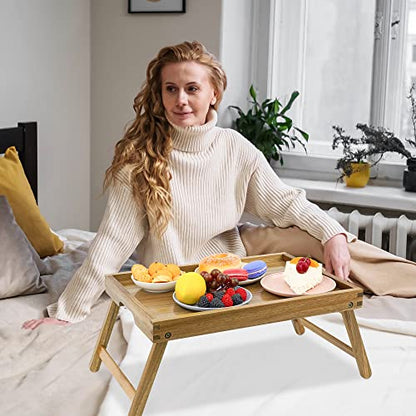 VaeFae Acacia Bed Table Tray, Wooden Breakfast Tray with Folding Legs, Bed Tray for Eating and Laptop, Eating Trays for Bedroom | Bed Trays for Eating and Laptop, Eating Trays for Bedroom, Sofa