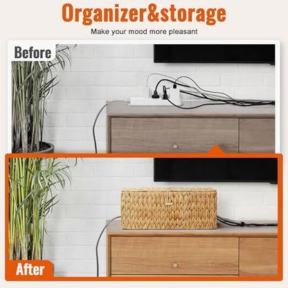 Cable Management Box with Lid, 2Pack Handwoven Real Water Hyacinth Cord Hider Organizer Boxes, 2 Side Open Slots Storage Box to Hide Cords Power Strip for Desk, Floor, Office