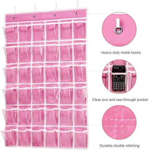 ANSTROUT 36 Clear Pockets Classroom Pocket Chart for Cell Phones, Pocket Chart Organizer for Calculator Holder with 36 Number Sticker Classroom Hanging Cell Phones Organizer (Pink)