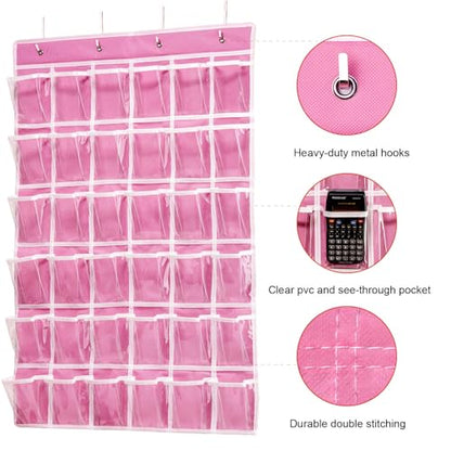 ANSTROUT 36 Clear Pockets Classroom Pocket Chart for Cell Phones, Pocket Chart Organizer for Calculator Holder with 36 Number Sticker Classroom Hanging Cell Phones Organizer (Pink)