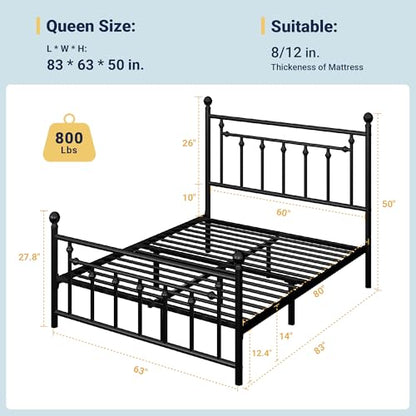 Allewie 14'' Queen Size Metal Platform Bed Frame, Vintage Headboard, Black