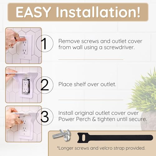 Power Perch Horizontal Outlet Shelf Organizer for Alexa Echo Dot Speakers, Phone - Wall Outlet Holder with Cord Storage Strap - Socket Shelf Bathroom Kitchen Counter Charging Station - White 1 Pack