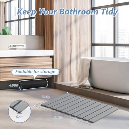 AWW Foldable Stone Bath Mat, Diatomaceous, 23.6"x15.5", Grey | Quick-dry surface, super absorbent, easy-clean finish, non-slip mat included, and compact storage for small bathrooms