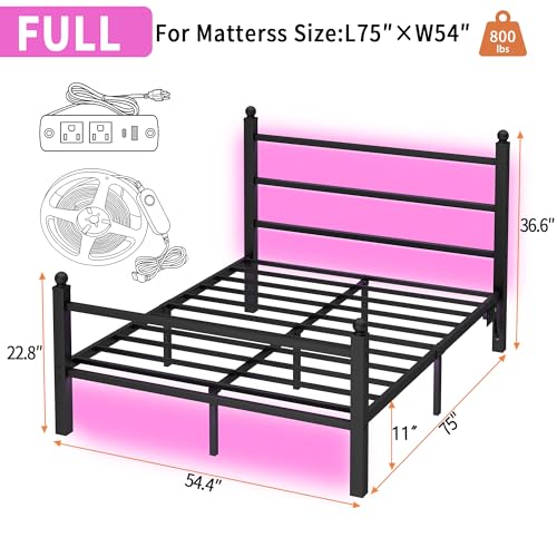 CLIBFENG Full Size Bed Frame with Headboard and Footboard,Steel Slats Support-LED Bed Frame with Charging Station,Mattress Foundation-Under Bed Storage, No Box Spring Needed,Noise Free,Black