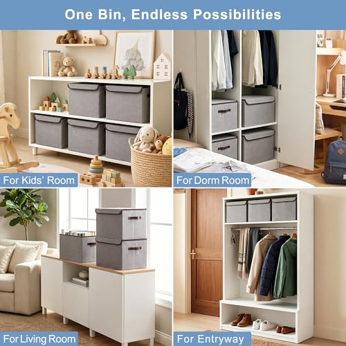 Large 22 Quart Linen Fabric Foldable Storage Bin Cube Organizer Basket with Flip-Top Lid & Handles, Clothes Blanket Box for Home, Office, Closet, Gray, 4 Pack 14.6 x 9.5 x 9.5”