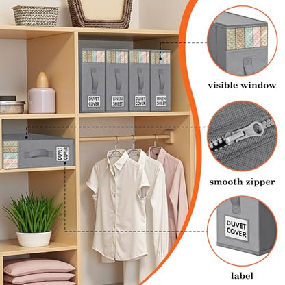 Bed Sheet Organizers and Storage,Closet Organizer Under Bed Storage | Bed Sheet Organizer with Label Cards & Clear Window for Bedding Sheets,Duvet Covers,Blankets (6 Pack,Gray)