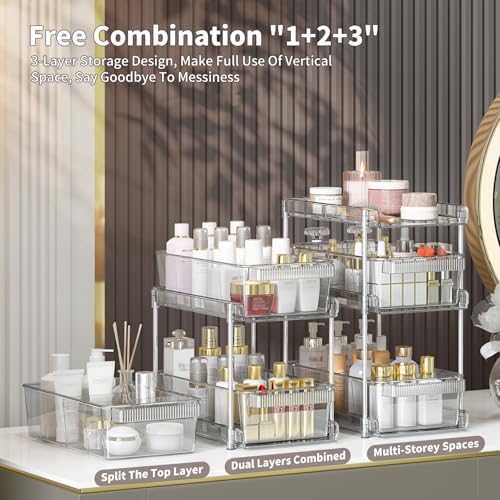 WAKISA 2Pcs Pull Out Organizer and Storage with Cups and Removable Dividers | Slide Out Drawer Storage Containers for Bathroom, Kitchen and Under-Sink Organization with 2 Cups and 6 Removable Dividers