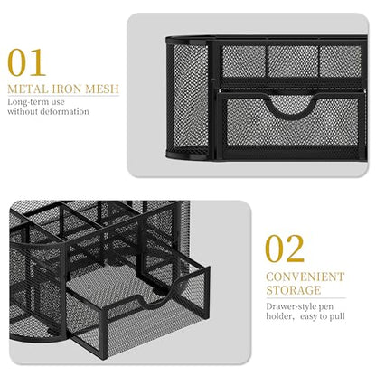 Mesh Desk Organizer with Drawer, 9-Compartment Pen Holder for Desk, Black | Pull-Out Drawer Stores Pens, Pencils, Clips, Notes, and Small Office or School Supplies in One Compact Desk Caddy