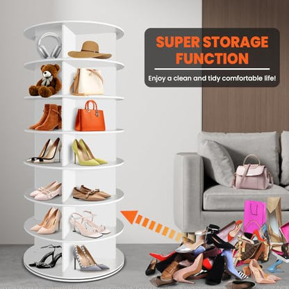RUNSUNSPRI 7 Tier Rotating Shoe Rack Corner Organizer 360°Rotating Shoe Rack Tower Spinning Shoe Rack Tower for Bedroom Entryway Closet Holds 28-32 Pairs of Shoes Handbags Hats Display Decor