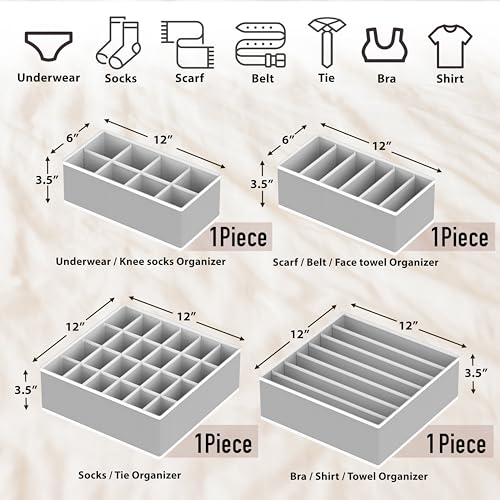 Simple Houseware 4-Pack Drawer Organizer Set for Underwear/Socks/Bra, Gray | Closet Dividers for Underwear, Socks, Bras, Scarves, Ties - Foldable Non-Woven Storage Boxes