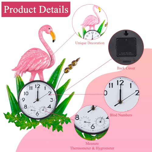 Outdoor Clock with Thermometer & Humidity | Silent None-Ticking, Outdoor Wall Clock Waterproof, Outside Clock for Patio, Living Room, Kitchen, Pink Flamingo