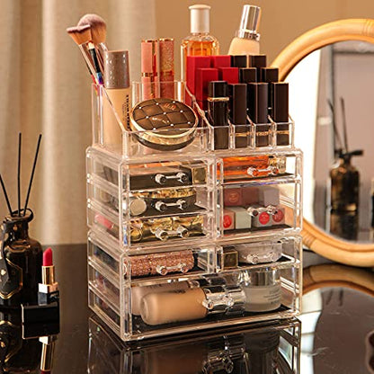 Cq acrylic 3 Pack Clear Makeup Organizer Countertop,Stackable 8 Drawers Skincare Organizer,Cute Skin Care Organizer for Vanity Hair Clip,Jewelry,Beauty Product Desk and Make Up Organizers for Vanity