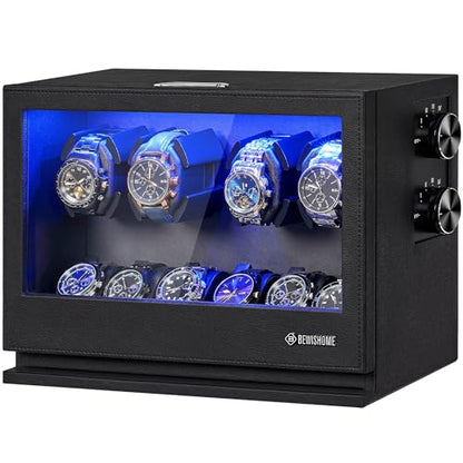 BEWISHOME Watch Winders for Automatic Watches, 4 Watch Winder | 6 Watch Display Case with Led Light 4 Modes, Automatic Watch Winder Box with Japanese Quiet Motor USB-C Adapter, Black SYQ04B