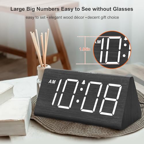 DreamSky Wooden Digital Alarm Clock for Bedroom Living Room, Large Numbers | Electric Desk Clock with USB Port, Loud Alarm for Heavy Sleepers, Adjustable Volume, Dimmer, DST, Wood Décor Gifts (Plug-in)