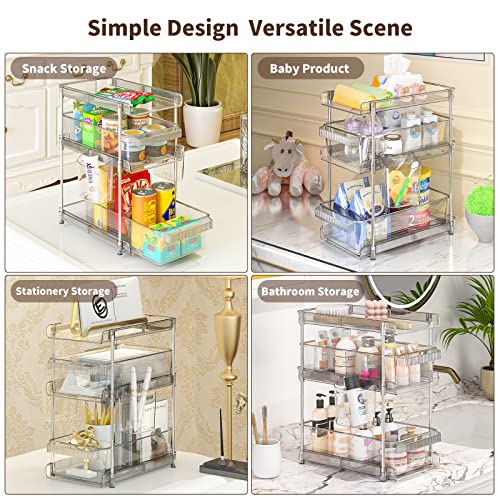 WAKISA 2Pcs Pull Out Organizer and Storage with Cups and Removable Dividers | Slide Out Drawer Storage Containers for Bathroom, Kitchen and Under-Sink Organization with 2 Cups and 6 Removable Dividers