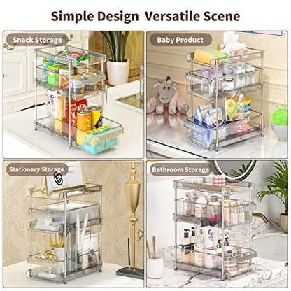 WAKISA 2Pcs Pull Out Organizer and Storage with Cups and Removable Dividers | Slide Out Drawer Storage Containers for Bathroom, Kitchen and Under-Sink Organization with 2 Cups and 6 Removable Dividers