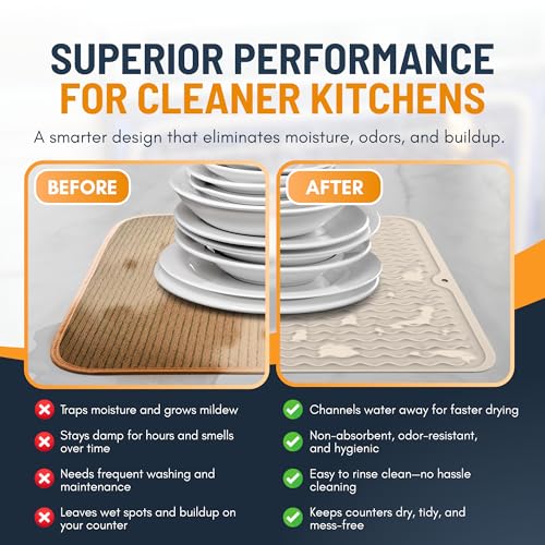 Silicone Dish Drying Mat for Kitchen Counter - Multi-Use 18 x 16 Inch Pad, Non-Slip & Heat-Resistant, Perfect Dish Drainer Mat by Linda’s Essentials, Ideal Kitchen Accessory (Beige)