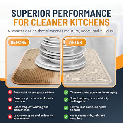 Silicone Dish Drying Mat for Kitchen Counter - Multi-Use 18 x 16 Inch Pad, Non-Slip & Heat-Resistant, Perfect Dish Drainer Mat by Linda’s Essentials, Ideal Kitchen Accessory (Beige)