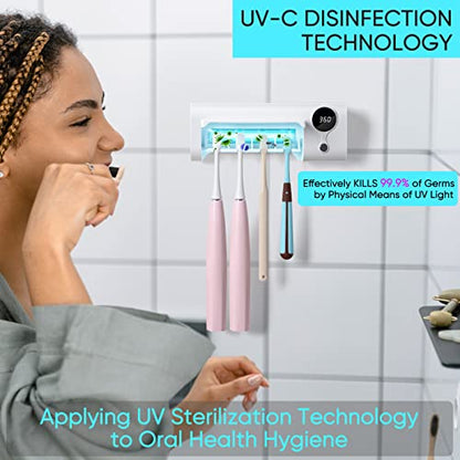UV Toothbrush Holder for Bathroom, Toothbrush Cleaner Wall Mounted Cordless | Rechargeable, Timer Function & LCD Working Display, Easy Installation with Adhesive Stickers, Holds 4 Toothbrushes