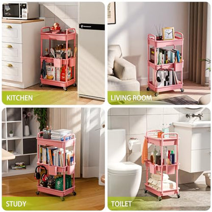 Sorgion 3 Tier Rolling Cart Organizer,Laundry Room Bathroom Organizers and Storage Office Shelves Mobile Shelving Unit Kitchen Trolley Cart with Wheels for Art,Craft,Diaper,Bedside,Snack(Pink)