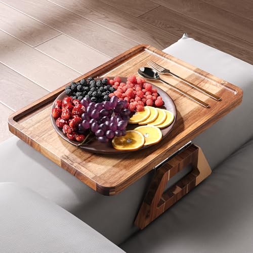 Acacia Wood Couch Arm Tray，Folding Sofa Armrest Table | Clip-On Couch Desk,Foldable, Non-slip,No Assembly，for Drinks Snacks Phone，Remote Control