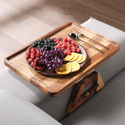 Acacia Wood Couch Arm Tray，Folding Sofa Armrest Table | Clip-On Couch Desk,Foldable, Non-slip,No Assembly，for Drinks Snacks Phone，Remote Control