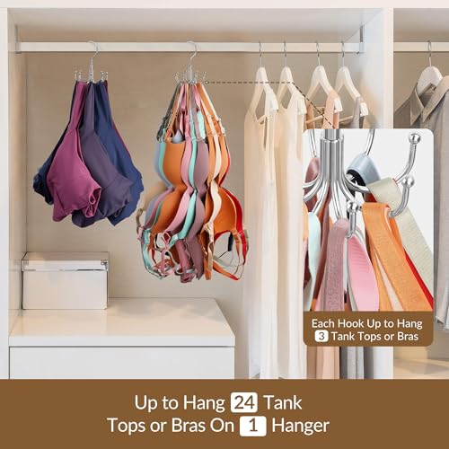 2 Pack Tank Top Hanger, Rotating Bra Organizer for Closet | Heavy-Duty Metal, Holds Up to 48 Garments, Sports Bras Holder with 16 Hooks Hanging Space-Saving Closet Organizer and Storage