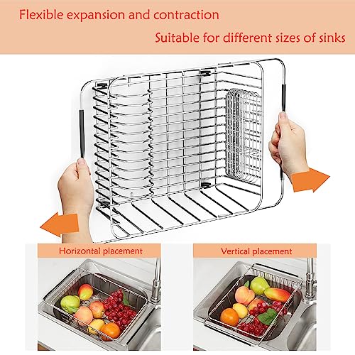 NiuYichee Stainless Steel Dish Drying Rack(15"L X 11"W X 4.1"H), Expandable Fruit & Vegetable Drain Rack over Sink, Dish Drainer Rack in Sink, with Stainless Steel Utensil Holder & Silicone Mat(16")