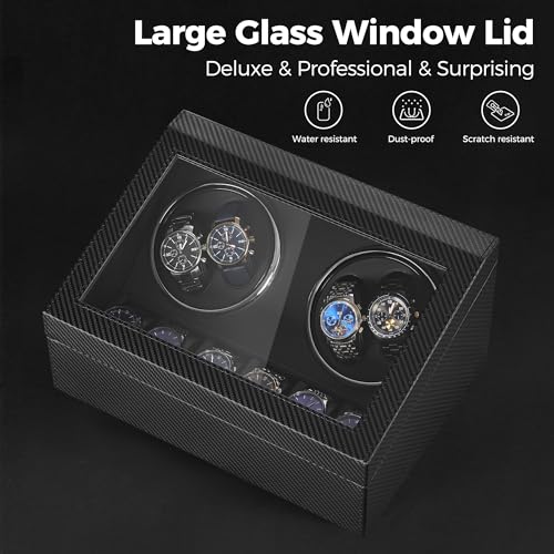 BEWISHOME Watch Winders for Automatic Watches, 4 Watch Winder | 6 Storage Case with Quiet Japanese Motor, Automatic Watch Winder Box Watch Rotator with Type-C Adapter, Carbon Fiber SYQ31C